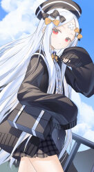 1girl abigail_williams_(fate) absurdres bag bandaid bandaid_on_face bandaid_on_forehead black_bow black_skirt blonde_hair blue_sky bow breasts crossed_bandaids dress fate/grand_order fate_(series) forehead full_body hair_bow hands_up highres long_hair long_sleeves looking_at_viewer miyu10366 multiple_hair_bows orange_bow parted_bangs parted_lips polka_dot polka_dot_bow red_eyes school_bag school_uniform short_dress skirt sky sleeves_past_fingers sleeves_past_wrists small_breasts solo standing thighhighs very_long_hair zettai_ryouiki