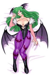 Rule 34 | 1girl, bare shoulders, black boots, black leotard, blue eyes, blush, boots, breasts, bridal gauntlets, clothing cutout, cutout above navel, darkstalkers, demon girl, demon wings, full body, green hair, head wings, heart cutout, high heel boots, high heels, large breasts, leotard, long hair, looking at viewer, lying, morrigan aensland, multiple wings, on back, pantyhose, pink bridal gauntlets, purple pantyhose, solo, tokisige, wings