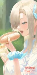 Rule 34 | 1girl, absurdres, asuna (blue archive), asuna (school uniform) (blue archive), black choker, blonde hair, blue archive, blue eyes, blue nails, blue ribbon, blue scrunchie, blush, burger, choker, food, from side, hair over shoulder, hair ribbon, highres, holding, holding burger, holding food, hot dog, long hair, looking at object, official alternate costume, open mouth, ribbon, scrunchie, shirt, solo, white shirt, wrist scrunchie, yamaharu (xxzf7284)