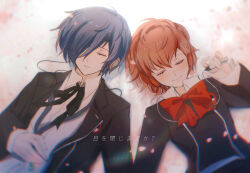 1boy 1girl absurdres black_jacket black_ribbon blue_hair blurry brown_hair closed_eyes commentary_request depth_of_field gekkoukan_high_school_uniform headphones highres jacket libertyp long_sleeves lying neck_ribbon on_back parted_lips persona persona_3 persona_3_portable pink_petals red_ribbon ribbon school_uniform shiomi_kotone shirt short_hair smile translation_request white_shirt yuuki_makoto_(persona_3)