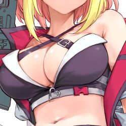 Rule 34 | 1girl, blonde hair, breast focus, breasts, cleavage, crop top, gradient hair, grey jacket, heart, heart o-ring, hira hikari, hira hikari (3rd costume), jacket, large breasts, midriff, multicolored hair, nanashi inc., navel, o-ring, open clothes, open jacket, red hair, shirana tamana, streaked hair, two-tone hair, virtual youtuber, white background