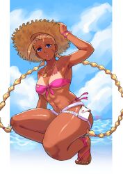 1girl abs absurdres belt bikini blonde_hair braid cammy_white corviwing facial_scar front-tie_bikini_top front-tie_top hat highres low_twin_braids official_alternate_costume pink_bikini sandals scar scar_on_cheek scar_on_face solo strapless strapless_bikini straw_hat street_fighter street_fighter_6 swimsuit tan tanline thighs toned toned_female twin_braids