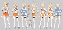 1girl absurdres animal_ears artist_request bare_arms bare_shoulders blonde_hair breasts cleavage closed_mouth crop_top dog_ears dog_girl dog_tail from_behind from_side full_body green_eyes hairband hand_on_own_hip hari_(vrecord) highres jacket kneehighs large_breasts long_hair looking_at_viewer loose_socks midriff miniskirt multiple_views navel orange_shirt orange_skirt pleated_skirt pom_pom_(cheerleading) ponytail reference_sheet shirt shoes skirt sleeveless sleeveless_shirt smile socks standing stomach sweatband tail thigh_strap thighs two-tone_shirt virtual_youtuber vrecord white_jacket white_shoes white_socks wing_collar
