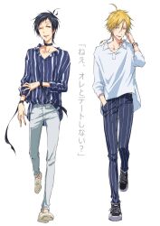 2boys ahoge alicein_mikuni alternate_costume antenna_hair black_hair blonde_hair bracelet braid choker full_body highres jewelry kamiya_tsurugi male_focus miyanagi_000 multiple_boys open_mouth orange_eyes servamp shoes side_braid sneakers white_background yellow_eyes