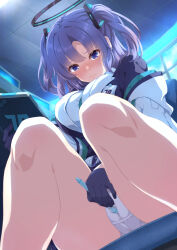 1girl :s bare_legs black_gloves blue_archive blue_eyes blue_hair blue_jacket blush breasts cameltoe ceiling commentary_request feet_out_of_frame female_masturbation from_below gloves hair_ornament halo highres holding holding_tablet_pc indoors jacket knees large_breasts looking_down masturbation masturbation_through_clothes mechanical_halo panties parted_bangs pen shirt sidelocks sitting solo tablet_pc tile_ceiling tiles toenketsu triangle_hair_ornament twintails underwear white_jacket white_panties white_shirt window yuuka_(blue_archive)