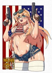3girls american_flag american_flag_bikini american_flag_print bikini blonde_hair blue_eyes breasts bright_pupils cat cb_(c-board) cleavage commentary_request covered_erect_nipples cowboy_shot cropped_legs denim denim_shorts dual_wielding eyewear_on_head flag_background flag_print freckles gun handgun hands_up highres holding long_hair looking_at_viewer m1911 micro_shorts multiple_girls navel open_fly open_mouth original print_bikini shorts side-tie_bikini_bottom skindentation smile star-shaped_pupils star_(symbol) sunglasses swimsuit symbol-shaped_pupils teeth thighhighs torn_clothes torn_shorts trigger_discipline upper_teeth_only watermark weapon white_background white_pupils white_thighhighs