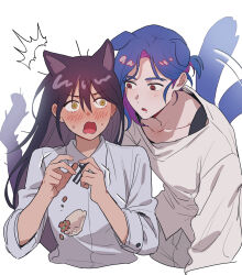 1boy 1girl animal_ears blue_hair cat_ears cat_girl cat_tail collared_shirt colored_inner_hair cropped_torso dog_boy dog_ears dog_tail drooling dropped_food dumpling food gundam gundam_gquuuuuux highres jiaozi kemonomimi_mode long_hair lower_eyelashes_only mouth_drool multicolored_hair nyaan_(gundam_gquuuuuux) open_mouth otakulifewow purple_hair red_eyes shirt short_hair shuji_ito simple_background sweatdrop tail tail_wagging two-tone_hair white_background white_shirt yellow_eyes