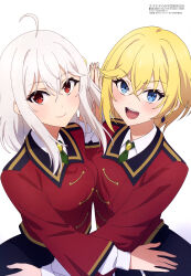 Rule 34 | 2girls, absurdres, aquastar inc., black skirt, blonde hair, blue eyes, breast press, closed mouth, green necktie, hand on another&#039;s hand, hand on another&#039;s hip, highres, looking at viewer, lowellmina earthworld, magazine scan, megami magazine, multiple girls, necktie, ninym ralei, official art, open mouth, red eyes, scan, school uniform, shirt, skirt, symmetrical docking, teeth, tensai ouji no akaji kokka saiseijutsu, upper teeth only, white background, white hair, white shirt