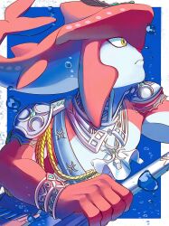 1boy absurdres aiguillette air_bubble armor arms_up ascot blue_gemstone blue_sash border bracelet bubble closed_mouth colored_skin commentary_request fins frown gem head_fins headpiece highres holding holding_weapon jewelry male_focus nasagina necklace nintendo pauldrons profile red_skin sash shoulder_armor sidon solo the_legend_of_zelda the_legend_of_zelda:_breath_of_the_wild upper_body weapon white_ascot white_border yellow_eyes