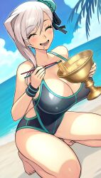1girl absurdres bare_shoulders black_one-piece_swimsuit blush breasts bun_cover cleavage closed_eyes dynamitenatalia fate/grand_order fate_(series) grey_hair hair_bun highleg highleg_one-piece_swimsuit highres large_breasts long_hair miyamoto_musashi_(fate) miyamoto_musashi_(fate/grand_order) miyamoto_musashi_(swimsuit_berserker)_(fate) miyamoto_musashi_(swimsuit_berserker)_(first_ascension)_(fate) one-piece_swimsuit open_mouth single_hair_bun single_side_bun smile solo swept_bangs swimsuit thighs wristband