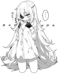 1girl black_gloves breasts eyepatch gloves goddess_of_victory:_nikke guillotine_(nikke) highres looking_at_viewer no_pants shirt simple_background small_breasts solo speech_bubble thighs tu_pa_pa_pa white_background white_shirt
