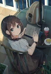 Rule 34 | 1girl, backpack, bag, black hair, black skirt, blue eyes, blush, braid, chair, closed mouth, commentary request, cup, day, disposable cup, drawing (object), drinking straw, enuni, from above, from behind, hair ornament, hair over shoulder, hairclip, highres, holding, holding stylus, indoors, knife, long hair, looking at viewer, looking back, looking up, on chair, original, outdoors, plate, railing, skirt, solo, stylus, table