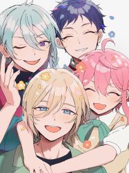 4boys ahoge arms_around_neck behind_another blonde_hair blue_hair braided_sidelock c54chu0113 cowlick ensemble_stars! facing_viewer falling_petals fine_(ensemble_stars!) flower fushimi_yuzuru grin hair_between_eyes happy hibiki_wataru highres himemiya_tori looking_at_viewer male_focus multiple_boys petals pink_hair puffy_short_sleeves puffy_sleeves purple_eyes short_sleeves smile sweater_vest tenshouin_eichi upper_body white_background