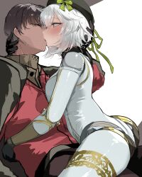 Rule 34 | 1boy, 1girl, ass, brown hair, commander (girls&#039; frontline), dushevnaya (girls&#039; frontline 2), girls&#039; frontline, girls&#039; frontline 2: exilium, gloves, grey hair, hat, ksvk (girls&#039; frontline), long sleeves, simple background, white background, yanagui yugi
