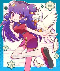 1girl artist_name bell bird chinese_clothes double_bun dress duck feathers glasses hair_bell hair_bun hair_ornament looking_at_viewer microdress mousse_(duck)_(ranma_1/2) purple_hair ranma_1/2 red_dress red_eyes red_footwear satome_(min) shampoo_(ranma_1/2) sidelocks smile sweatdrop watermark wings