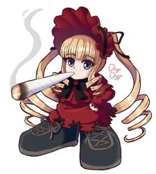1girl black_footwear blonde_hair blue_eyes blunt_bangs bonnet boots brooch capelet commentary doobie_ralsei_(meme) dress drill_hair drill_sidelocks drogo_doggo flower_brooch highres joint_(drug) lolita_fashion long_hair long_sleeves looking_at_viewer meme red_capelet red_dress red_headwear rozen_maiden shinku shoes sidelocks signature simple_background smoking sneakers solo twintails very_long_hair white_background
