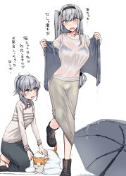 2girls absurdres black_boots black_headband boots breasts cat fuyutsuki_(kancolle) fuyutsuki_(rainy_season)_(kancolle) grey_eyes grey_hair grey_jacket headband highres jacket kantai_collection kiritto long_hair long_skirt long_sleeves medium_breasts multiple_girls official_alternate_costume one_side_up open_clothes open_jacket ponytail see-through_clothes skirt suzutsuki_(kancolle) translation_request very_long_hair wet white_skirt