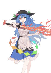 Rule 34 | 1girl, absurdres, apron, black hat, blue hair, blue skirt, bow, bowtie, breasts, commentary, dated, fire, flaming sword, flaming weapon, food, fruit, hat, hat ornament, highres, hinanawi tenshi, kashiwada kiiho, leaf, leaf hat ornament, long hair, looking at viewer, open mouth, peach, peach hat ornament, pink nails, puffy short sleeves, puffy sleeves, rainbow order, red bow, red bowtie, red eyes, shirt, short sleeves, signature, simple background, skirt, smile, solo, sword, sword of hisou, touhou, very long hair, waist apron, weapon, white apron, white background, white shirt