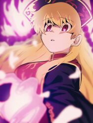 1girl black_dress black_hat blonde_hair breasts chinese_clothes commentary_request crescent crescent_print dalachi_(headdress) dress energy fingernails from_side hair_between_eyes hat highres junko_(touhou) large_breasts legacy_of_lunatic_kingdom long_hair long_sleeves looking_at_viewer mandarin_collar phoenix_print pom_pom_(clothes) red_eyes red_tabard simple_background single_sidelock solo tabard tassel teeth touhou turtle-kun upper_body white_background wide_sleeves