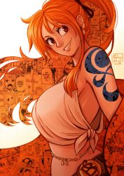 Rule 34 | 1girl, absurdres, bare shoulders, belt, belt buckle, body jewelry, breasts, brown eyes, buckle, commentary, earrings, english commentary, from side, gradient background, high ponytail, highres, jewelry, large breasts, lips, long hair, looking at viewer, looking to the side, midriff, nami (one piece), narrow waist, one piece, orange hair, orange theme, parted lips, ponytail, shirt, shoulder tattoo, shuravf, signature, single sidelock, sleeveless, sleeveless shirt, smile, solo, tattoo, tied shirt, upper body, wavy hair, white shirt