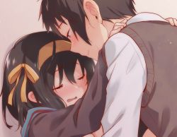 1boy 1girl blue_sailor_collar blush brown_cardigan brown_hair brown_vest cardigan commentary_request closed_eyes hair_ribbon hairband hetero highres hug implied_sex kita_high_school_uniform kyon long_sleeves looking_at_another open_mouth ribbon sailor_collar school_uniform shirt short_hair smile suzumiya_haruhi suzumiya_haruhi_no_yuuutsu sweat sweater_vest taiki_(6240taiki) upper_body vest white_shirt yellow_hairband yellow_ribbon