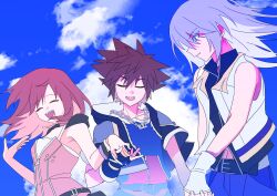 1girl 2boys absurdres belt blue_sky brown_hair closed_eyes crown_necklace green_eyes grey_hair happy highres holding_hands kairi_(kingdom_hearts) kingdom_hearts kingdom_hearts_ii long_hair multiple_boys open_mouth red_hair riku_(kingdom_hearts) short_hair sky smile sora_(kingdom_hearts) spiked_hair zcx21177061994