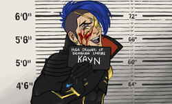 1boy barbie_mugshot_(meme) black_bodysuit blood blood_on_face blue_hair bodysuit character_name earrings english_text hand_up height_mark holding holding_sign jewelry kayn_(league_of_legends) league_of_legends littlby_(badwoolf) looking_at_viewer male_focus meme mugshot odyssey_kayn short_hair sign solo teeth upper_teeth_only yellow_eyes