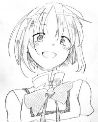 1girl bow bowtie hair_ornament hairclip harue_reo highres looking_at_viewer mahou_shoujo_madoka_magica mahou_shoujo_madoka_magica_(anime) miki_sayaka mitakihara_school_uniform monochrome puffy_sleeves school_uniform short_hair sketch smile solo upper_body