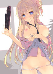 1girl :q absurdres bare_shoulders between_breasts black_necktie blonde_hair blue_eyes blush breasts closed_mouth clothes_lift collared_shirt dildo dress_shirt earrings english_text engrish_text flashing gluteal_fold grey_skirt groin highres jewelry large_breasts licking_lips lifting_own_clothes long_hair long_sleeves looking_at_viewer miniskirt naughty_face navel necktie necktie_between_breasts nipples open_clothes open_mouth open_shirt original panties panty_pull pleated_skirt ranguage sex_toy shirt sidelocks skindentation skirt skirt_lift sleeves_pushed_up smile solo stomach stud_earrings sweat tatami_to_hinoki tongue tongue_out underwear very_long_hair wing_collar
