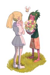 1boy 1girl blonde_hair blush braid closed_eyes commentary_request creatures_(company) cutiefly dark-skinned_male dark_skin flower full-face_blush game_freak gen_7_pokemon grass green_hair hands_up hau_(pokemon) holding holding_flower lillie_(pokemon) long_hair nintendo orange_shoes pink_legwear pleated_skirt pokemon pokemon_(creature) pokemon_sm sarami_(sa_rami30) shoes short_sleeves skirt socks standing white_footwear white_skirt