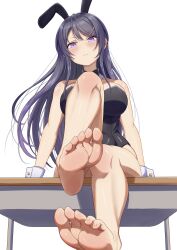 1girl absurdres barefoot black_hair blush feet highres leotard long_hair looking_at_viewer playboy_bunny purple_eyes sakurajima_mai seishun_buta_yarou soles taqielang toes