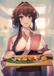 1girl blurry blurry_background brown_hair cherry_blossoms commentary_request cover flower food hair_bun hair_flower hair_ornament highres holding japanese_clothes kantai_collection kasumi_(skchkko) kimono long_hair looking_at_viewer magazine_cover obi official_alternate_costume parted_lips sash smile solo sushi two-tone_kimono yamato_(kancolle)