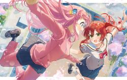 2girls absurdres ahoge black_socks blue_skirt blush bocchi_the_rock! bow bowtie breasts cherry_blossoms commentary_request cube_hair_ornament flying gotoh_hitori green_eyes hair_ornament highres jacket kita_ikuyo large_breasts letterboxed loafers long_hair loose_socks multiple_girls oici_ne outdoors outstretched_arms pink_hair pink_track_suit pleated_skirt red_bow red_hair sailor_collar school_uniform serafuku shoes side_ponytail skirt smile socks track_jacket track_suit white_socks yuri