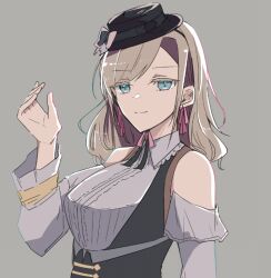 1girl bare_shoulders black_hat blue_eyes breasts ceras_yanagida_lilienfeld closed_mouth clothing_cutout collared_shirt colored_eyelashes frilled_shirt_collar frills grey_background grey_hair grey_shirt hair_ribbon hat haz large_breasts link!_like!_love_live! long_hair long_sleeves looking_at_viewer love_live! pink_ribbon retrofuture_(love_live!) ribbon shirt shoulder_cutout sidelocks simple_background smile solo split_mouth swept_bangs underbust upper_body