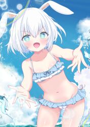 1girl absurdres animal_ears bikini blue_bikini breasts cameltoe fang frilled_bikini frilled_bikini_top frills gluteal_fold green_eyes highres hiiragisensei navel ocean open_mouth original outstretched_arms rabbit_ears rabbit_girl rabbit_tail small_breasts smile splashing swimsuit tail wading white_hair