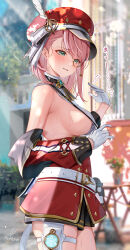1girl absurdres asymmetrical_bangs averting_eyes bare_shoulders belt blue_gemstone breasts newsboy_cap camera charlotte_(genshin_impact) detached_sleeves gem genshin_impact gloves green_eyes hair_between_eyes hat hat_feather highres kabu_usagi long_sleeves looking_at_viewer medium_breasts medium_hair monocle open_mouth pink_hair pouch red_hat red_sleeves shirt sideboob solo sweat thigh_pouch thigh_strap white_belt white_gloves