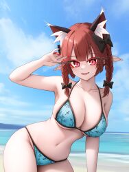 1girl :d absurdres animal_ear_fluff animal_ears bikini black_bow blue_bikini bow braid breasts cat_ears cat_girl cleavage cloud collarbone commentary cowboy_shot day fang fingernails hair_bow highres kaenbyou_rin large_breasts leaning_to_the_side long_eyelashes long_fingernails looking_at_viewer medium_hair multiple_hair_bows nail_polish navel ocean open_mouth outdoors pointy_ears red_eyes red_hair red_nails shore smile solo standing sugar_you swimsuit touhou twin_braids