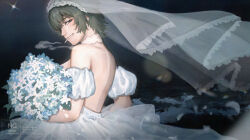 Rule 34 | 1girl, absurdres, backless dress, backless outfit, black hair, bouquet, bridal veil, chainsaw man, cigarette, dress, flower, highres, himeno (chainsaw man), holding, holding bouquet, inori (inory), mouth hold, smoking, solo, teeth hold, veil, wedding dress, white dress