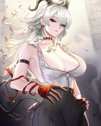 1girl arm_strap bare_shoulders black_choker black_gloves black_horns black_tail breasts choker collarbone commentary cowboy_shot curled_horns gloves hair_between_eyes hand_on_own_hip high-waist_pants highres horns jewelry key key_necklace large_breasts long_hair looking_at_viewer mcdobo mole mole_on_breast necklace necktie necktie_around_wrists pants parted_lips red_eyes red_necktie shirt shirt_tucked_in solo torn_clothes torn_shirt white_hair white_shirt wuthering_waves zani_(wuthering_waves)