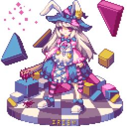 Rule 34 | 1girl, animal ears, apron, baseball bat, black shoes, blonde hair, blood, blood drip, bloody weapon, blue skirt, character name, checkered floor, commentary request, faux figurine, full body, holding, holding baseball bat, holding unworn clothes, irisu kyouko, irisu shoukougun!, long hair, long sleeves, lowres, multicolored shoes, pantyhose, pink eyes, pink pantyhose, pink shirt, pixel art, rabbit ears, rabbit girl, shirt, shoes, single leg pantyhose, skirt, solo, standing, striped clothes, striped pantyhose, suzuneiro (ryoumi), transparent background, two-tone shoes, weapon, white apron, white shoes