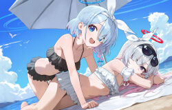 2girls absurdres alternate_costume arona_(blue_archive) beach bikini black_bikini black_eyes blue_archive blue_eyes blue_hair blue_halo blush bow bow_hairband cloud cloudy_sky day frilled_bikini frills hair_over_one_eye hairband halo highres loli long_hair looking_at_viewer lying multiple_girls on_stomach outdoors plana_(blue_archive) red_halo short_hair sky swimsuit toi1et_paper white_bikini white_bow white_hair white_hairband