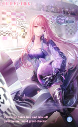 1girl animal_ear_headwear animal_ears artist_request audience black_gloves black_skirt black_thighhighs blunt_bangs breasts brown_eyes card_(medium) cat_ears character_name cleavage closed_mouth collarbone collared_jacket copyright_name cropped_jacket english_text fake_animal_ears feet_out_of_frame finish_line flag gloves happy headset helmet high_collar highres holding holding_helmet jacket lightchasing_trail_(shining_nikki) logo long_hair looking_at_viewer microskirt motor_vehicle motorcycle motorcycle_helmet multicolored_jacket nikki_(nikki) nikki_(series) official_art on_motorcycle open_clothes open_jacket outdoors pink_hair pink_jacket purple_helmet purple_jacket purple_shirt racing riding road second-party_source see-through_clothes see-through_sleeves shining_nikki shirt shorts skirt smile solo street thighhighs two-tone_jacket two-tone_shirt very_long_hair white_shorts
