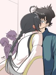 1girl 1other 2boys ahoge black_hair blue_eyes braid braided_ponytail fate/grand_order fate_(series) highres japanese_clothes kiss long_sleeves mash_kyrielight miyamoto_iori_(fate) multiple_boys ponytail short_hair sidelocks tetsu_no_samurai yamato_takeru_(fate)