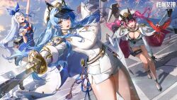 3girls aegis_(nikke) anchor_(nikke) belt blue_eyes blue_hair breasts cleavage copyright_name dutch_angle epaulettes gloves goddess_of_victory:_nikke hair_intakes hair_ribbon hat helm_(nikke) high_heels highres holding holding_sword holding_weapon insignia long_hair mast_(nikke) multiple_girls naval_jacket official_art open_mouth peaked_cap pink_eyes pink_hair ribbon shorts smile standing sword thigh_strap thighs third-party_source twintails weapon white_gloves white_shorts