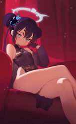 1girl absurdres black_dress black_gloves black_hair blue_archive breasts china_dress chinese_clothes commentary crossed_legs dress gloves grey_eyes highres kisaki_(blue_archive) loli looking_at_viewer momobug22 sitting small_breasts smile solo thick_thighs thighs