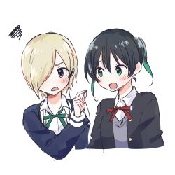 Rule 34 | 2girls, black hair, blonde hair, blush, collared shirt, commentary request, cropped torso, earphones, embarrassed, gradient hair, green eyes, green hair, hair between eyes, hair over one eye, jacket, letterman jacket, long sleeves, love live!, love live! nijigasaki high school idol club, mia taylor, multicolored hair, multiple girls, neck ribbon, nijigasaki school uniform, one eye covered, open clothes, open jacket, open mouth, purple eyes, ribbon, school uniform, shirt, short hair, simple background, takasaki yu, twintails, watanabe nako, white background