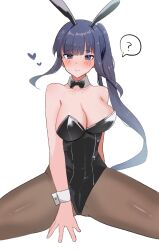 1girl ? animal_ears bare_shoulders black_bow black_leotard blue_eyes blush bow bowtie breasts cleavage detached_collar fake_animal_ears heart highres idaten_(monochanm) large_breasts leotard long_hair looking_at_viewer misumi_aoi ongeki pantyhose playboy_bunny ponytail rabbit_ears solo spoken_question_mark spread_legs strapless strapless_leotard white_background wrist_cuffs