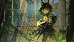 2girls absurdres animal_ears arknights axleaki black_dress breasts cat_ears cat_girl closed_mouth curtains dress from_side green_dress green_eyes green_theme highres kal&#039;tsit_(arknights) looking_at_viewer looking_to_the_side material_growth medium_breasts medium_hair mon3tr_(arknights) multiple_girls oripathy_lesion_(arknights) sidelocks sleeves_past_fingers sleeves_past_wrists smile tail white_hair window