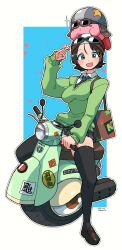 1girl absurdres adeleine black_hair black_thighhighs blush_stickers breasts colored_skin goggles goggles_on_headwear green_eyes green_sweater helmet highres kirby kirby_(series) kirby_air_ride nintendo omura_zojiki outline petals pink_skin sparkle super_smash_bros. super_smash_bros._logo sweater thighhighs waddle_dee wheelie_(kirby) white_outline