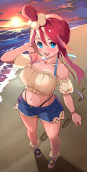 Rule 34 | 1girl, :d, absurdres, asaborakenoke, beach, blue eyes, blue shorts, breasts, cleavage, cloud, collarbone, crop top, denim, denim shorts, detached sleeves, footprints, full body, gradient sky, highres, large breasts, navel, nintendo, ocean, one side up, open mouth, panty straps, pokemon, pokemon masters ex, red hair, sand, sandals, short shorts, shorts, sky, skyla (pokemon), skyla (summer 2025) (pokemon), smile, solo, standing, stomach, sunset, tan, water
